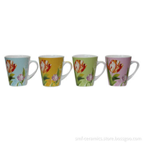 11oz Ceramic/Porcelain/V-shaped Mug, Flower Decal Design, in Various Colors/Shapes